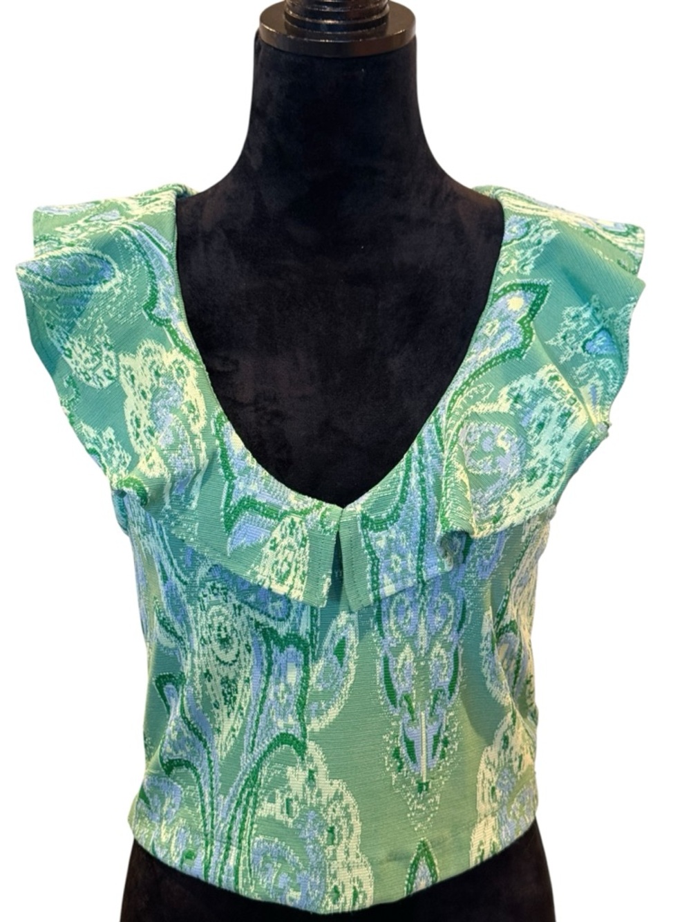 Zara Crop Top Stretch Green Blue Paisley Ruffle V-Neck Blouse Large Medium